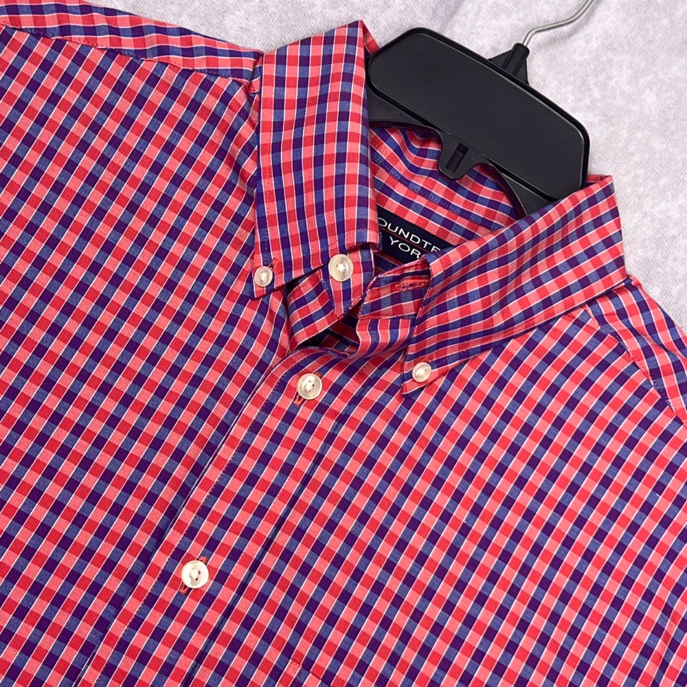 Roundtree & Yorke Button Down Mens Medium Red Blue Gingham Short Sleeve